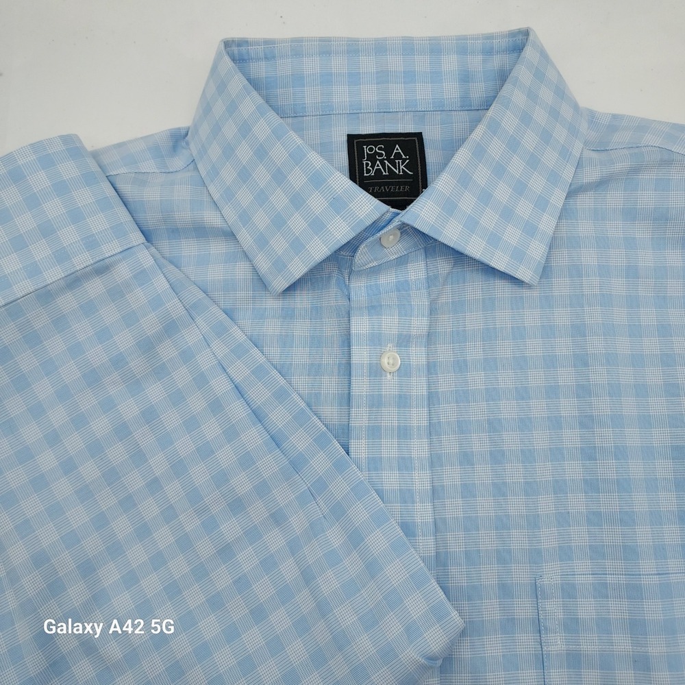 Jos. A. Bank Traveler Dress Shirt Mens 17.5 35 Blue White Check‎ Tailored Fit